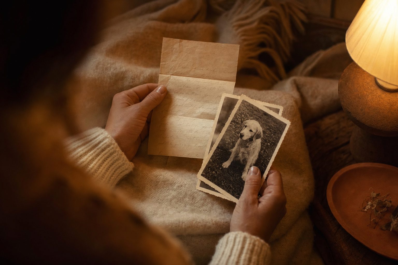 Someone sitting under lamplight holding a handwritten letter and old photographs of their dog