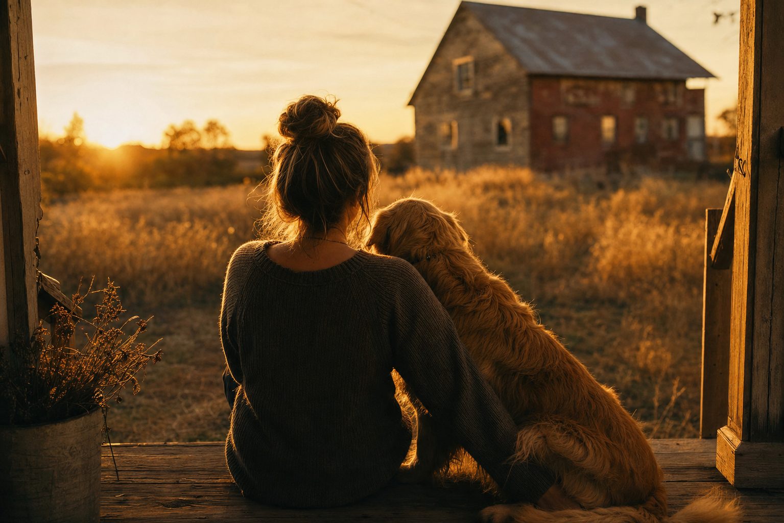A woman sitting on porch steps at sunset with an old golden retriever leaning against her
