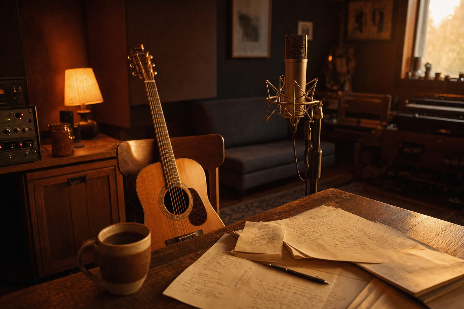 A warm home studio: acoustic guitar, ribbon microphone and handwritten lyric sheets under lamplight